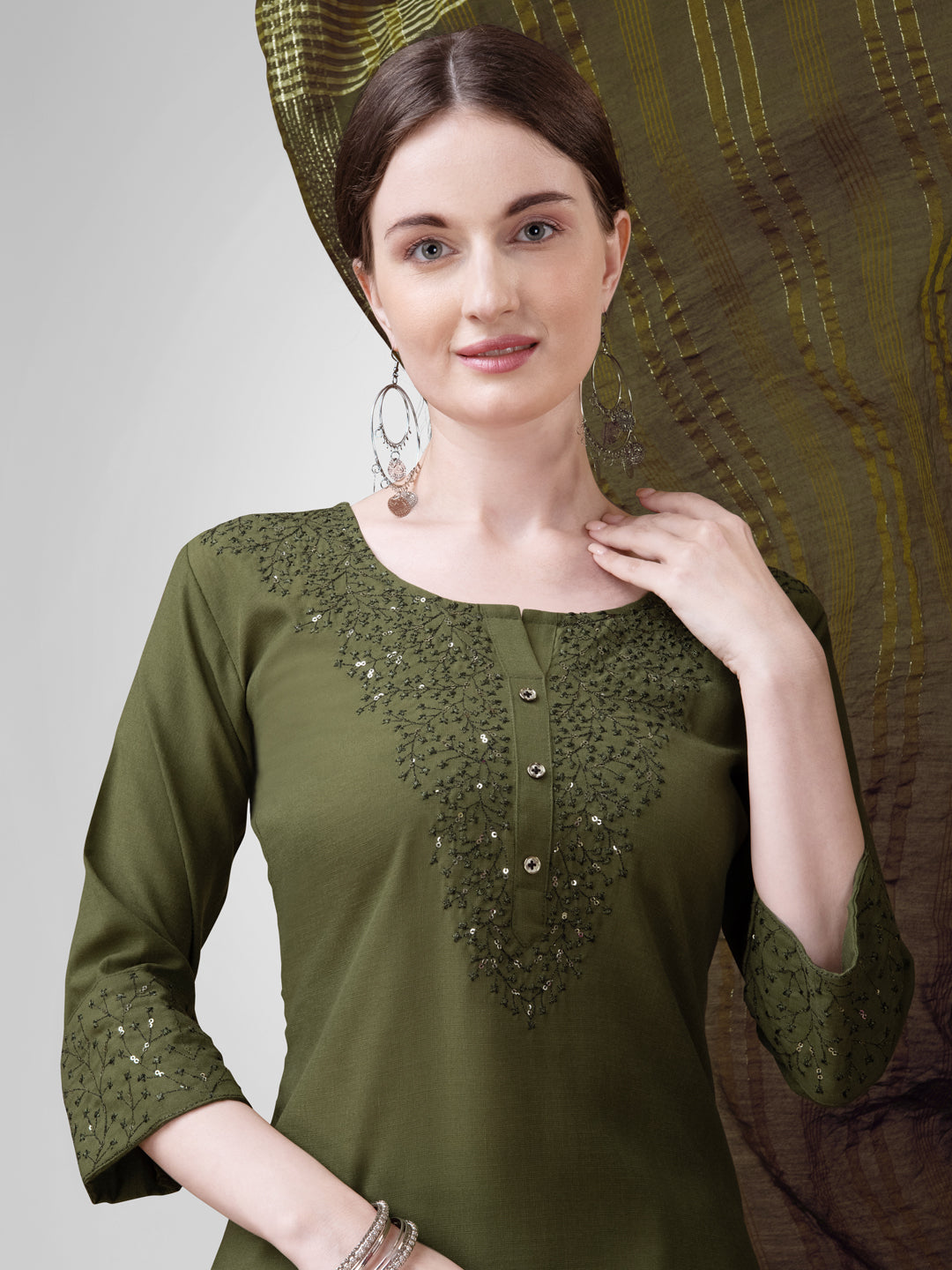 Embroidered Mehendi Green Cotton Kurta Sets for Women