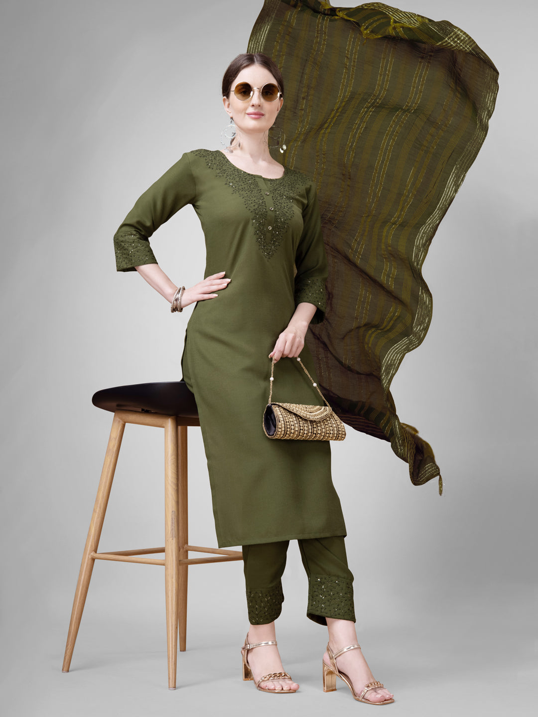 Embroidered Mehendi Green Cotton Kurta Sets for Women