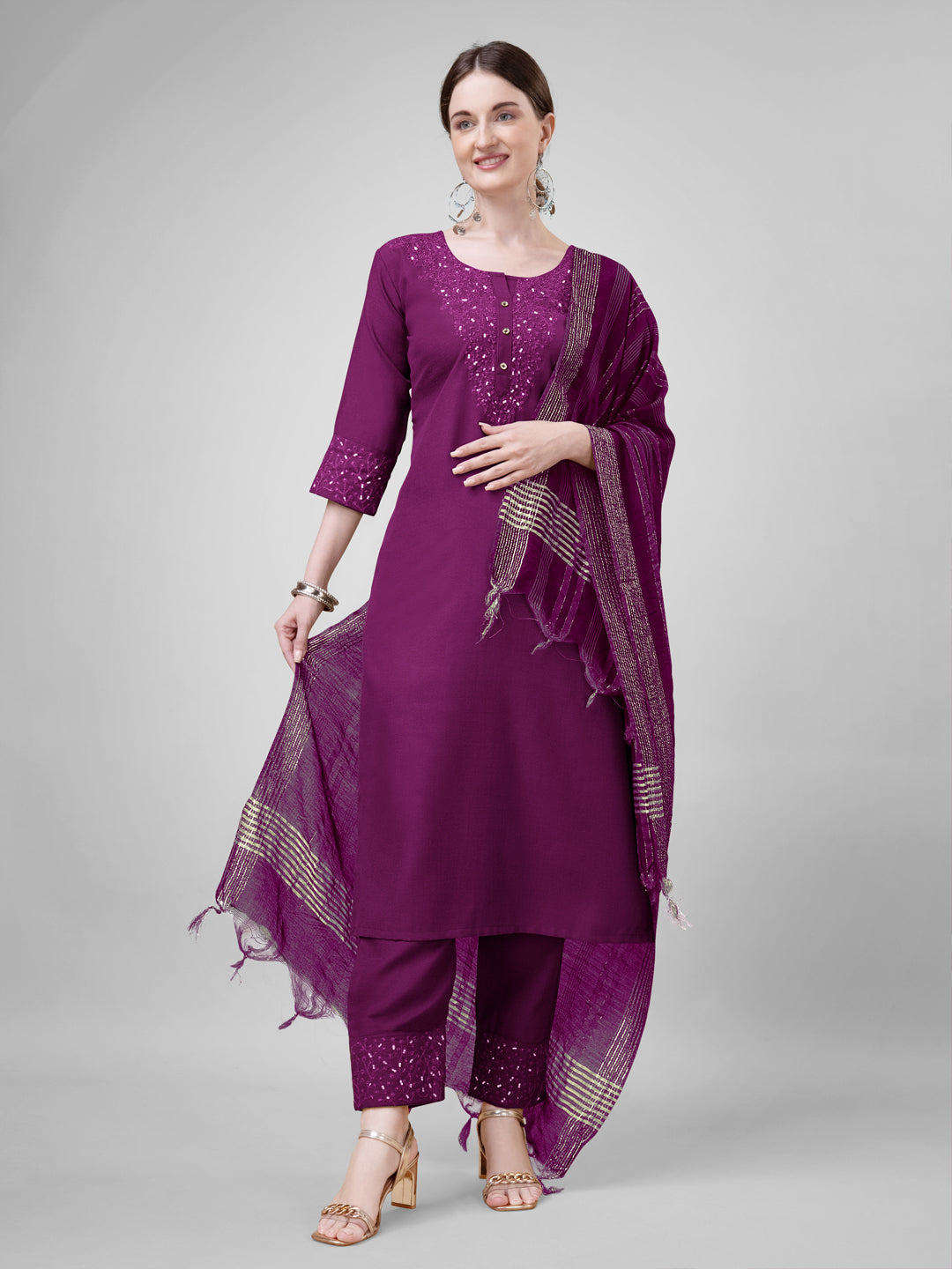 Embroidered Purple Cotton Kurta Sets for Women