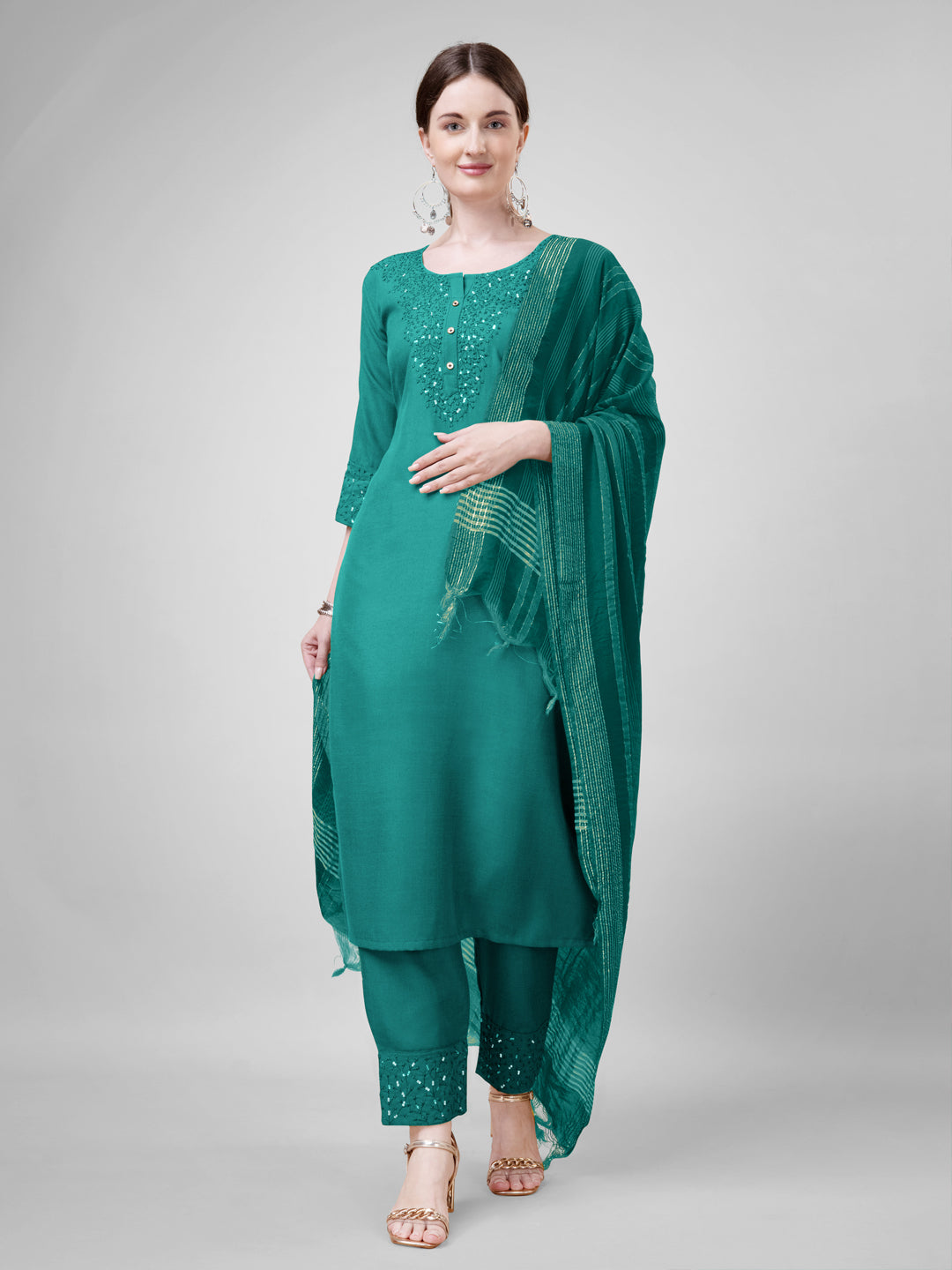 Embroidered Rama Green Cotton Kurta Sets for Women