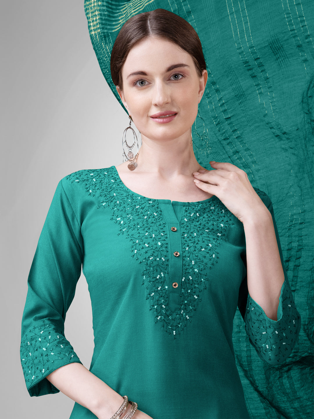 Embroidered Rama Green Cotton Kurta Sets for Women