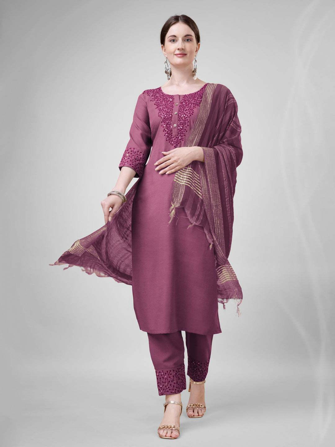 Embroidered Wine Cotton Kurti Pant Set with Dupatta for Women