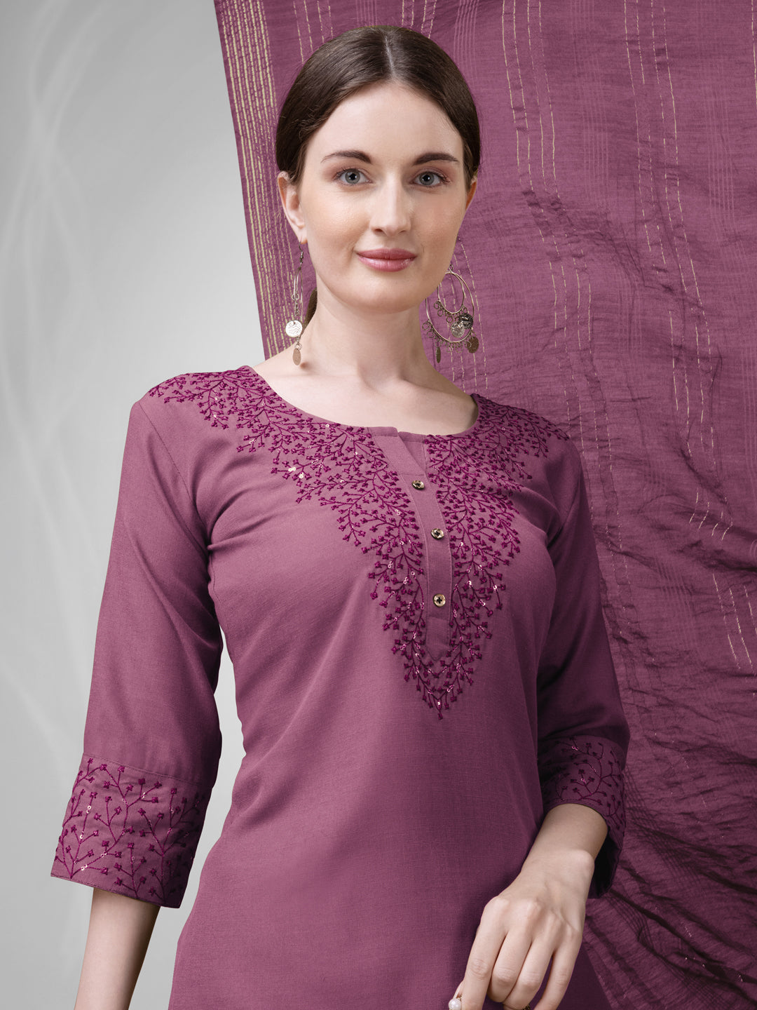 Embroidered Wine Cotton Kurti Pant Set with Dupatta for Women