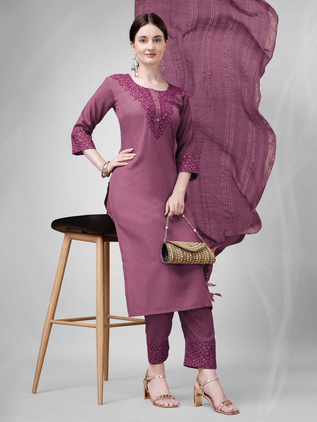 Embroidered Wine Cotton Kurti Pant Set with Dupatta for Women