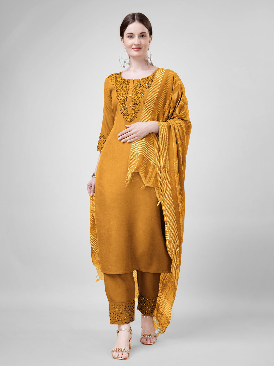 Embroidered Yellow Cotton Kurti Pant Set with Dupatta for Women