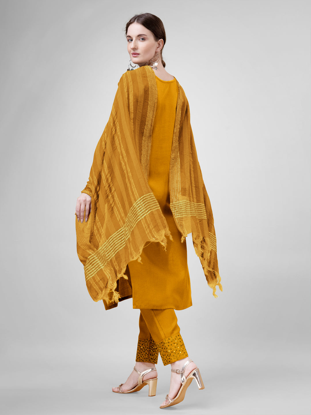 Embroidered Yellow Cotton Kurti Pant Set with Dupatta for Women