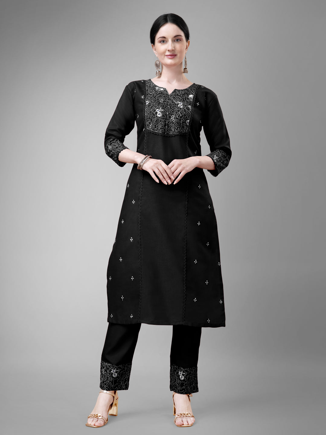 Embroidered Black Cotton Kurta Sets For Women