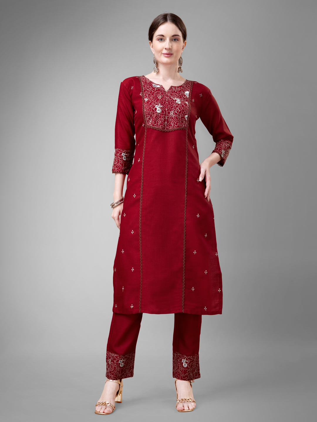 Embroidered Maroon Cotton Kurta Sets For Women