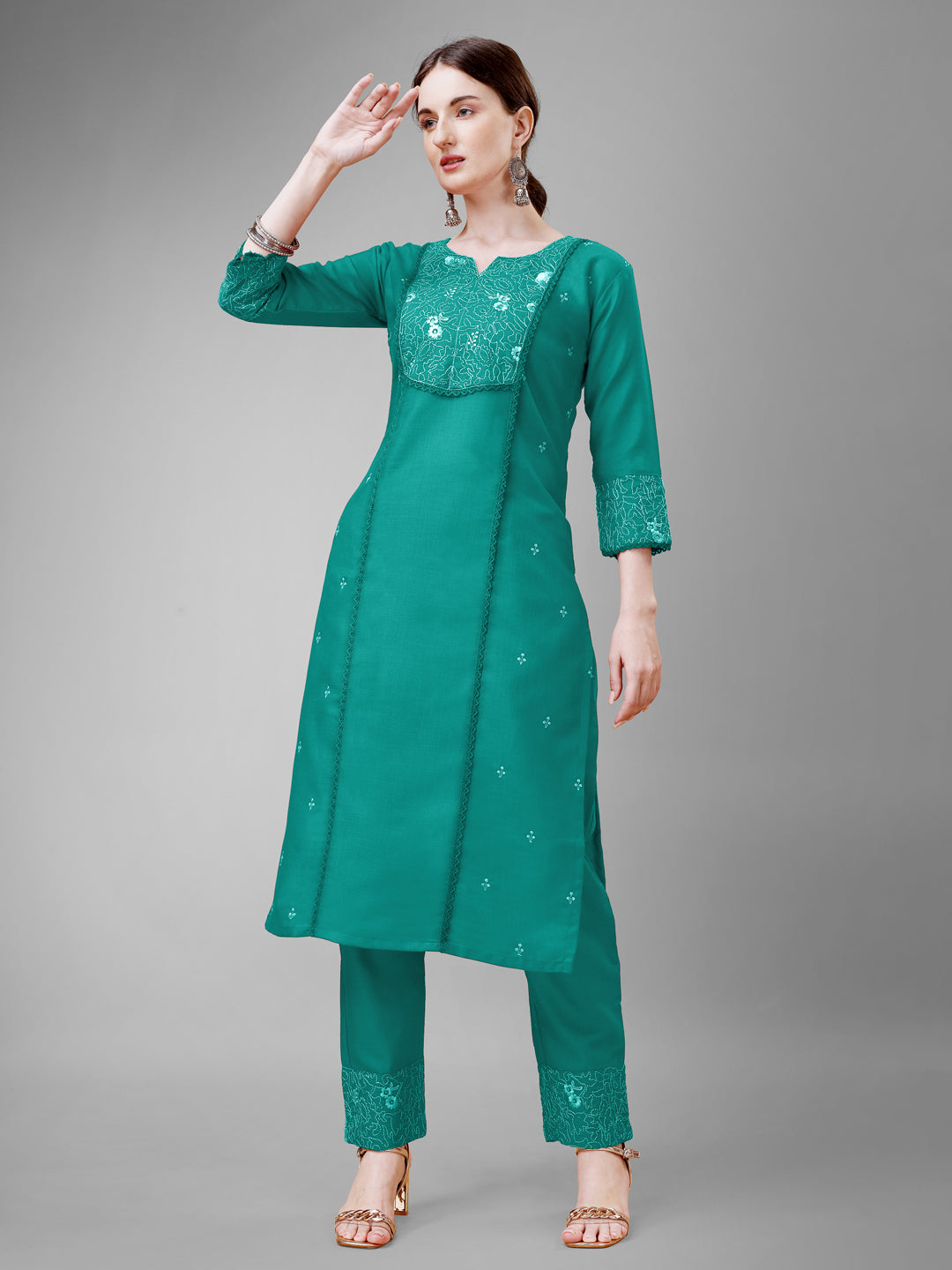 Embroidered Rama Green Cotton Kurta Sets For Women