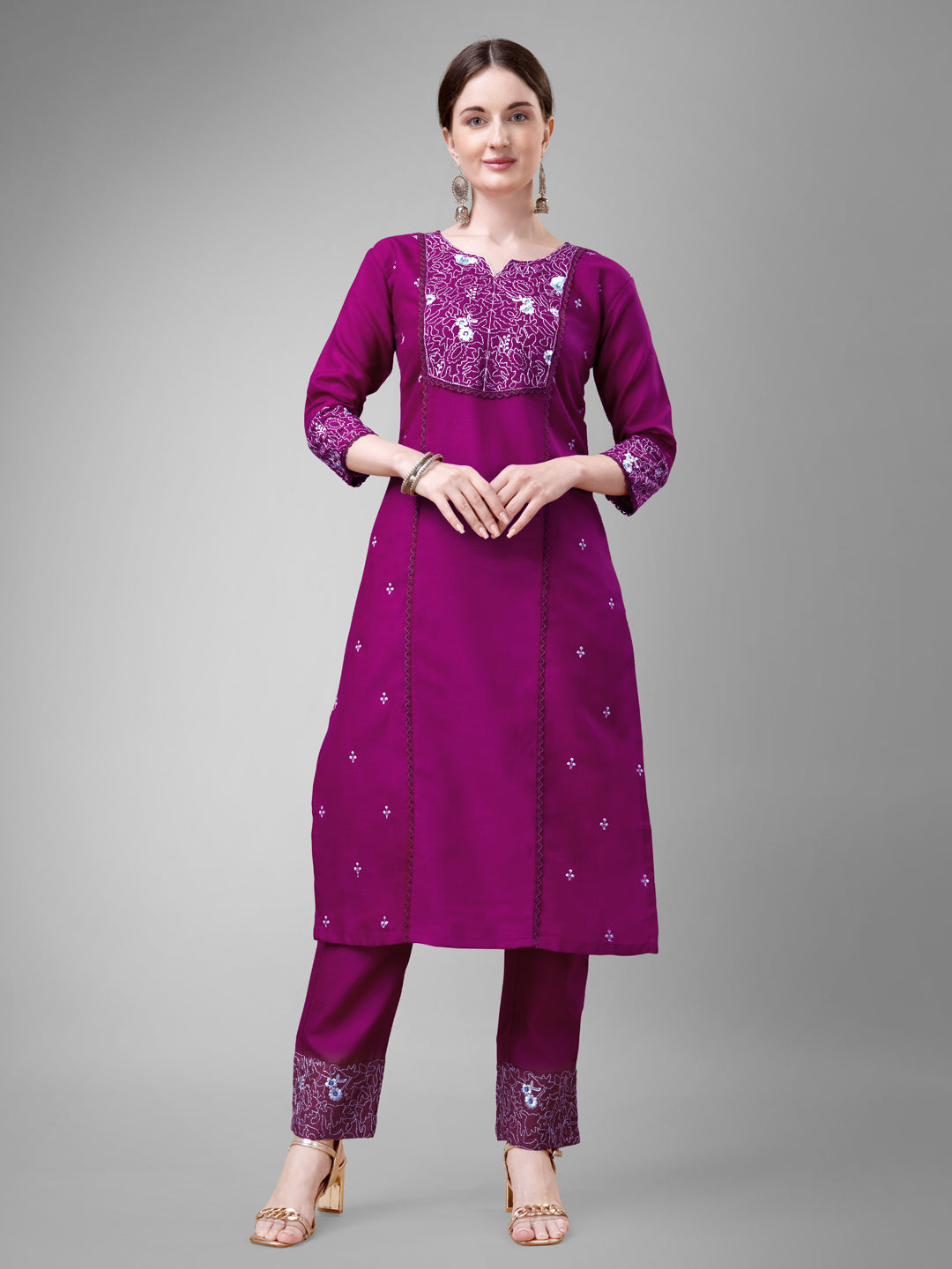 Embroidered Purple Cotton Kurta Sets For Women