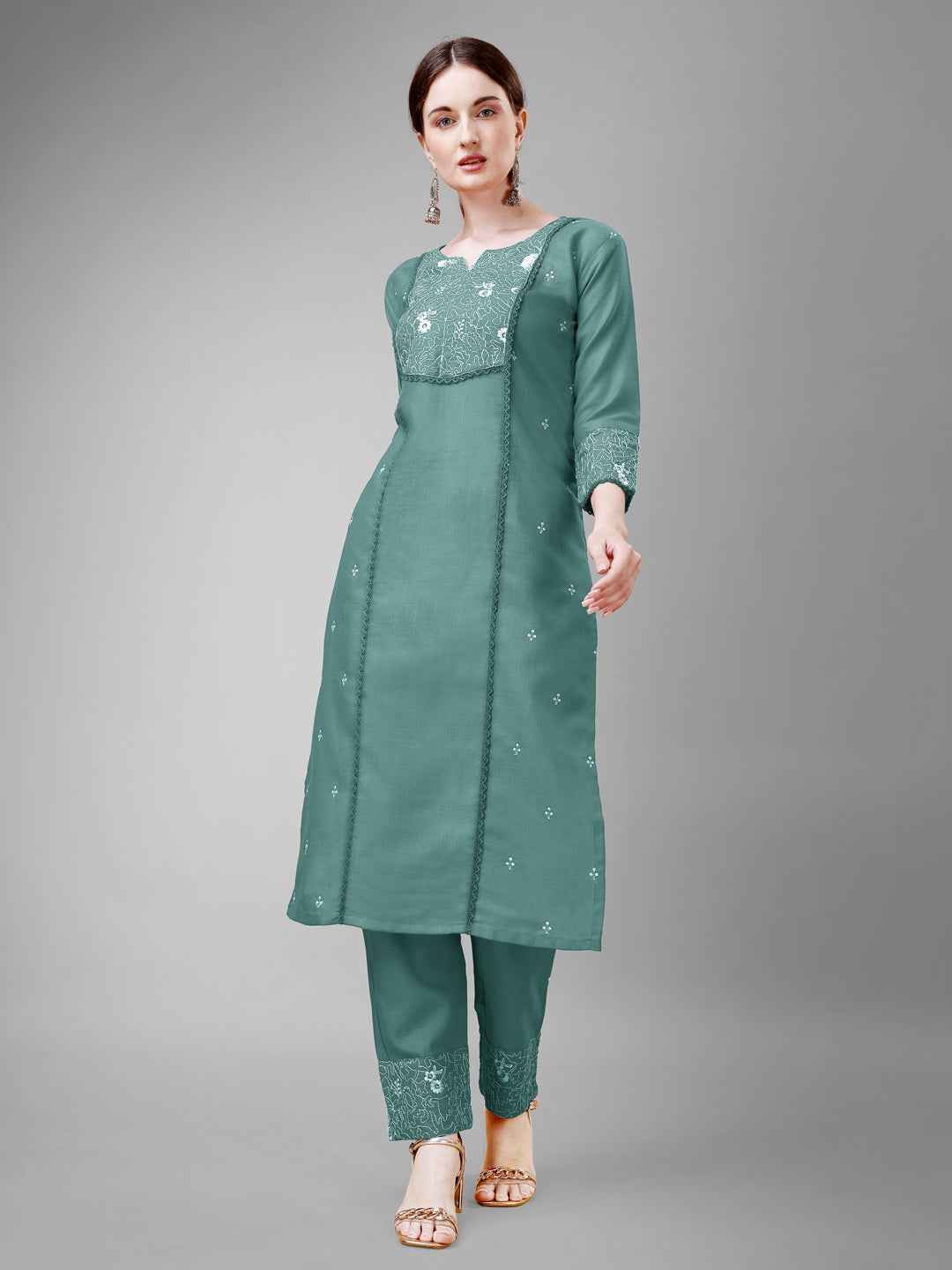 Embroidered Teal Cotton Kurti Pant Sets For Women