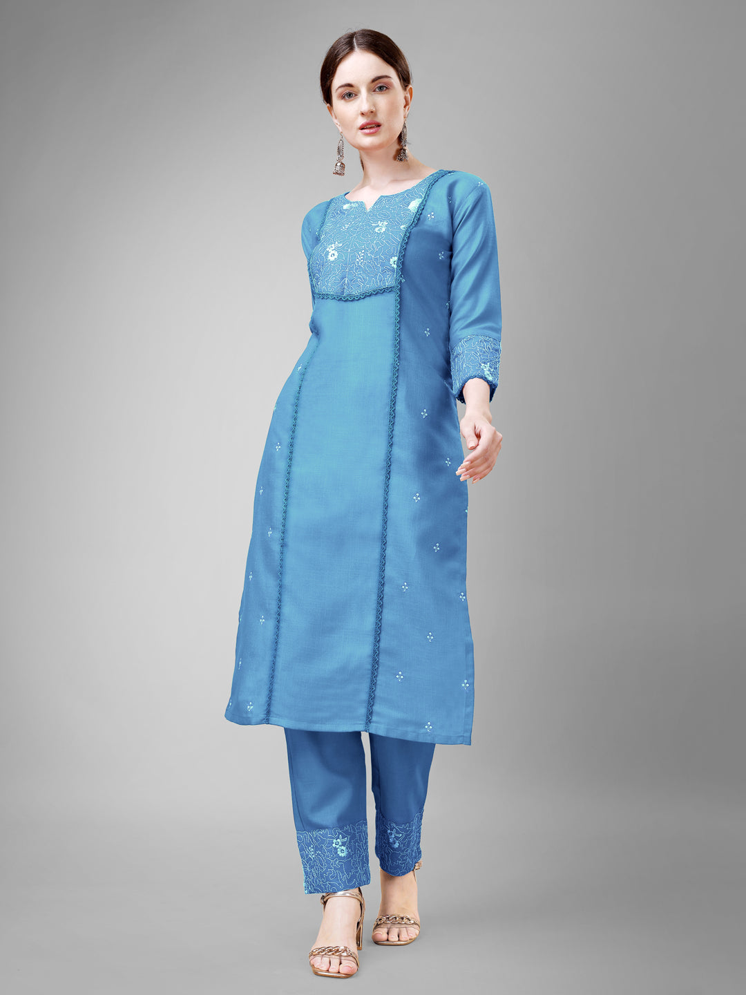 Embroidered Sky Blue Cotton Kurti Pant Sets For Women