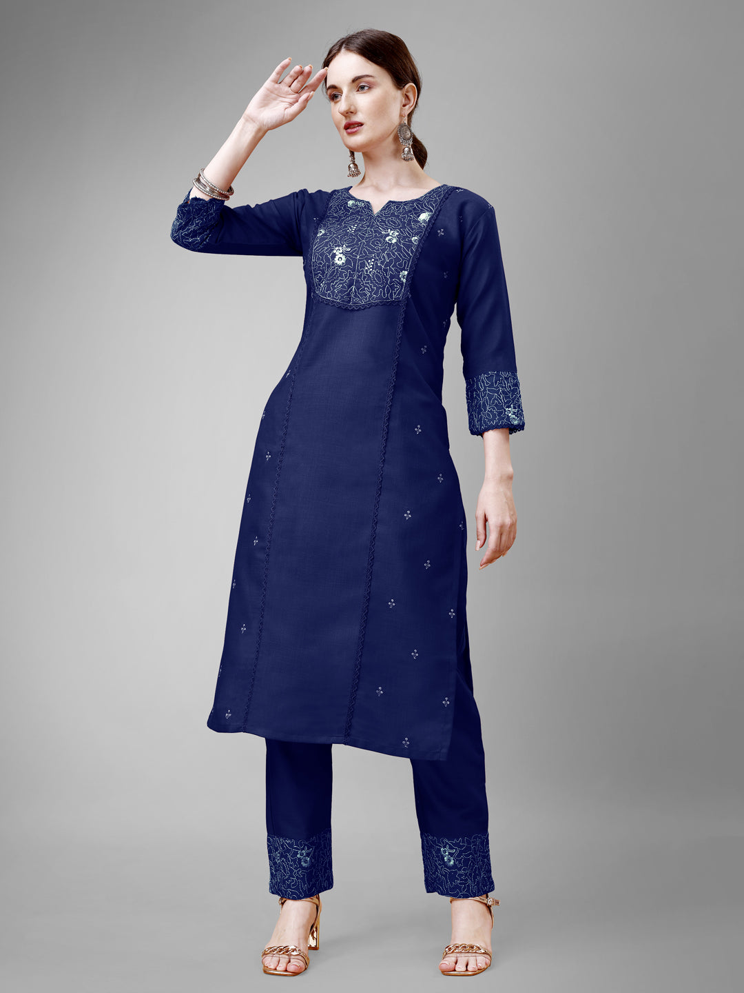 Embroidered Navy Blue Cotton Kurta Sets For Women