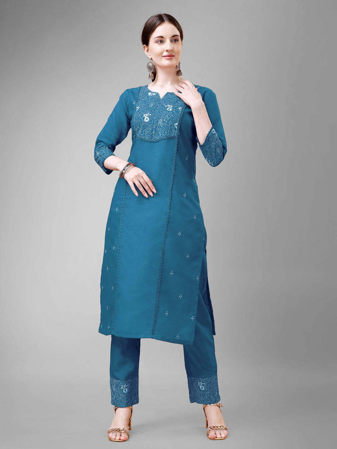 Embroidered Morpichh Blue Kurti Pant Sets For Women