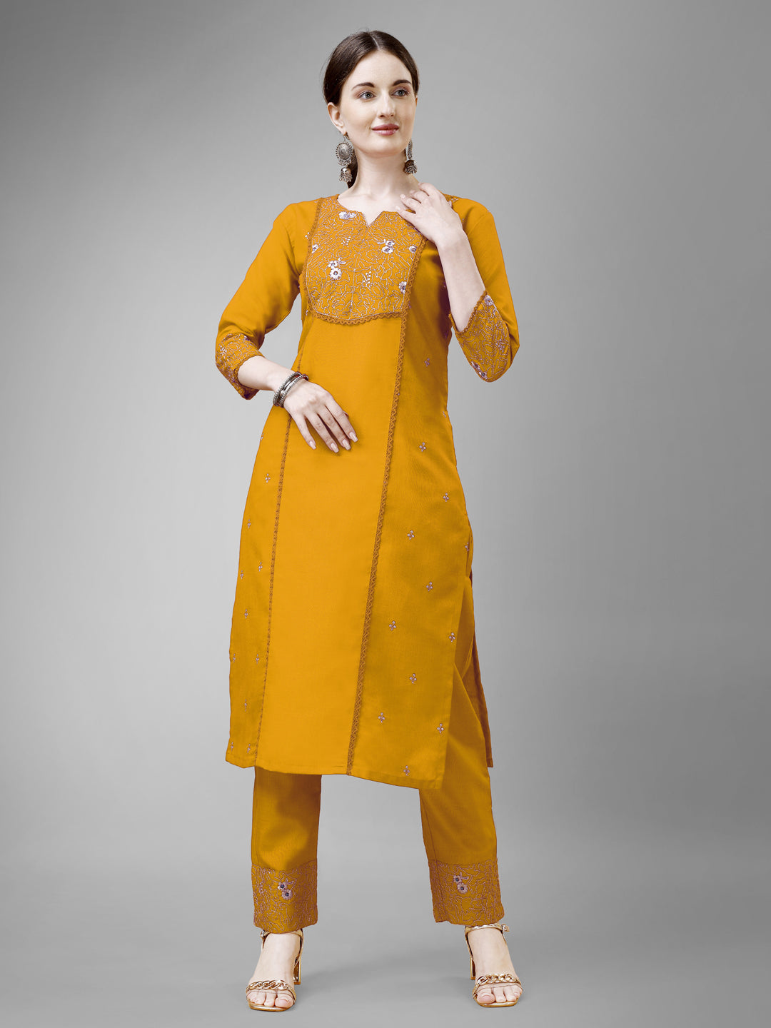 Embroidered Yellow Cotton Kurta Sets For Women