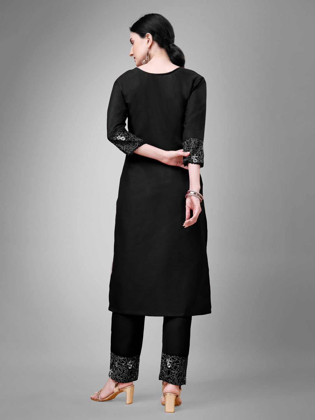 Embroidered Black Cotton Kurta Sets For Women