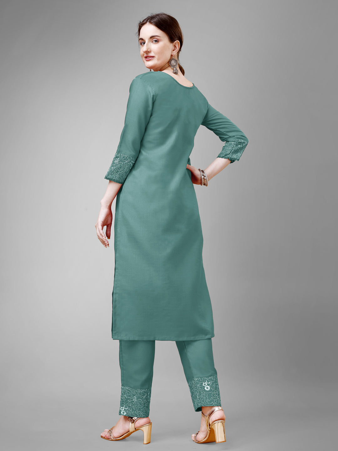 Embroidered Teal Cotton Kurti Pant Sets For Women