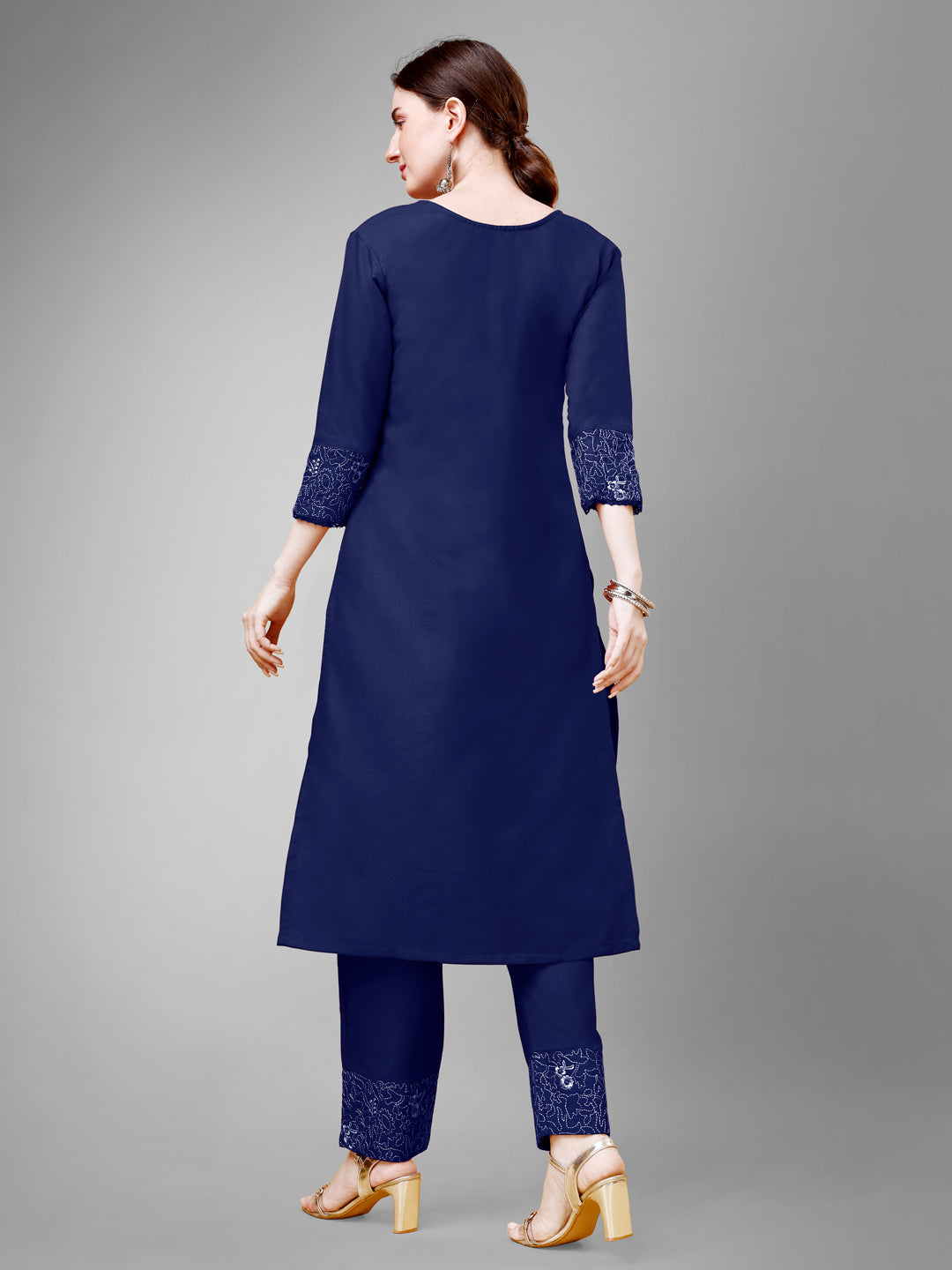 Embroidered Navy Blue Cotton Kurta Sets For Women