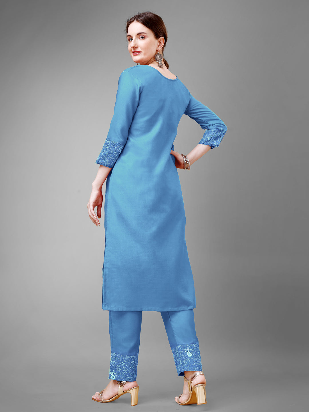 Embroidered Sky Blue Cotton Kurti Pant Sets For Women