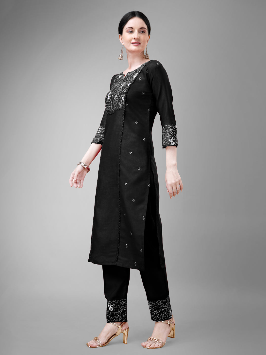 Embroidered Black Cotton Kurta Sets For Women