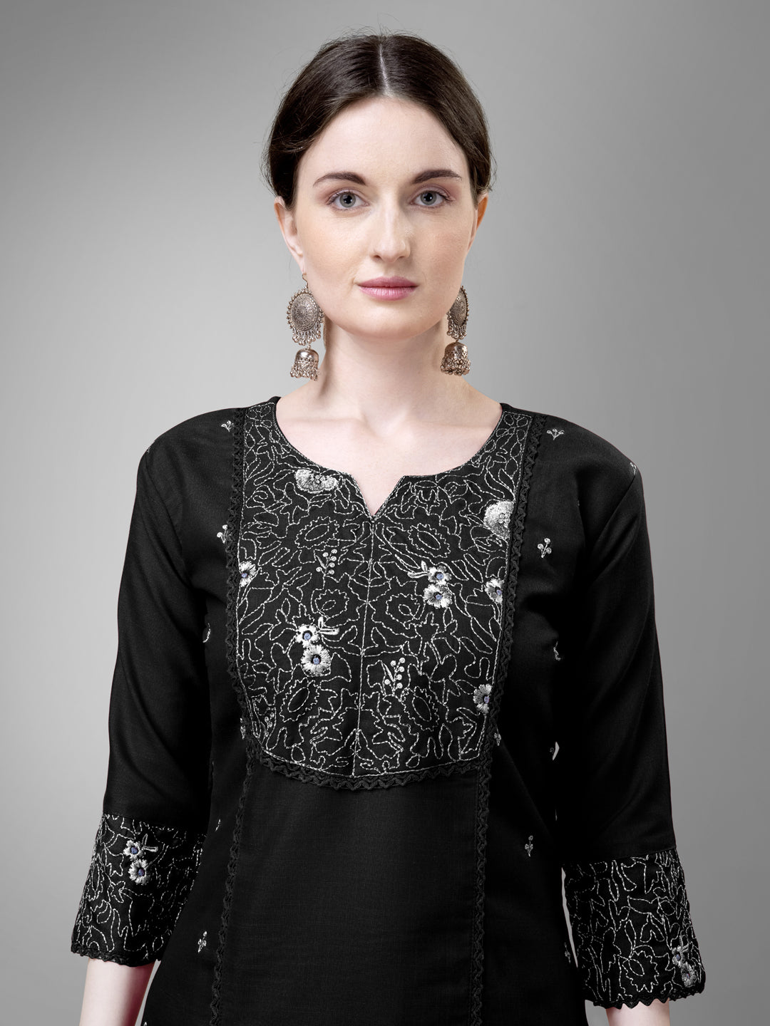 Embroidered Black Cotton Kurta Sets For Women