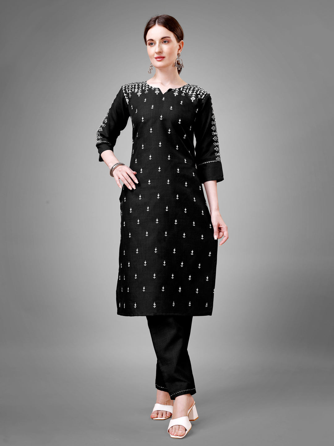 Embroidered Black Cotton Kurta Sets For Women