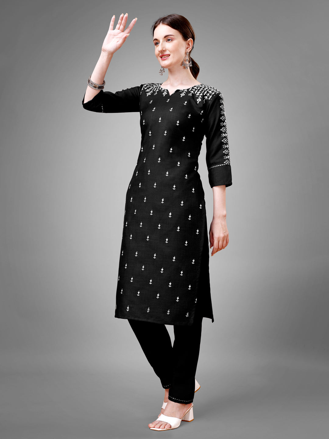 Embroidered Black Cotton Kurta Sets For Women