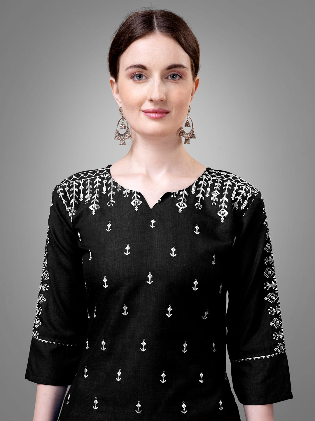 Embroidered Black Cotton Kurta Sets For Women