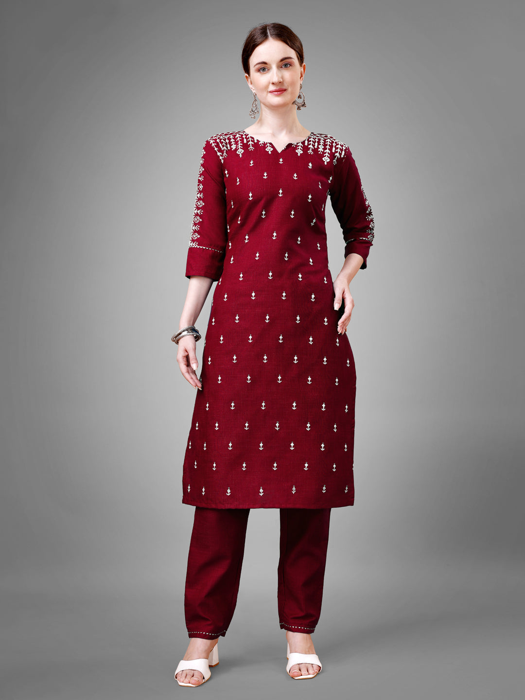 Embroidered Maroon Cotton Kurta Pant Sets For Women