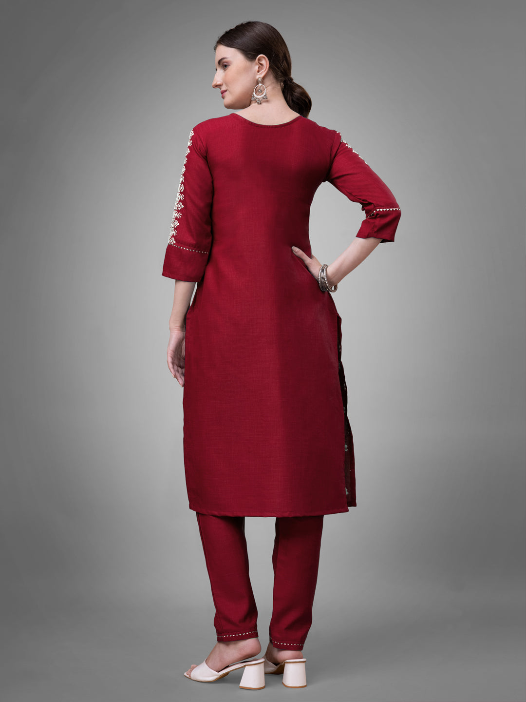 Embroidered Maroon Cotton Kurta Pant Sets For Women