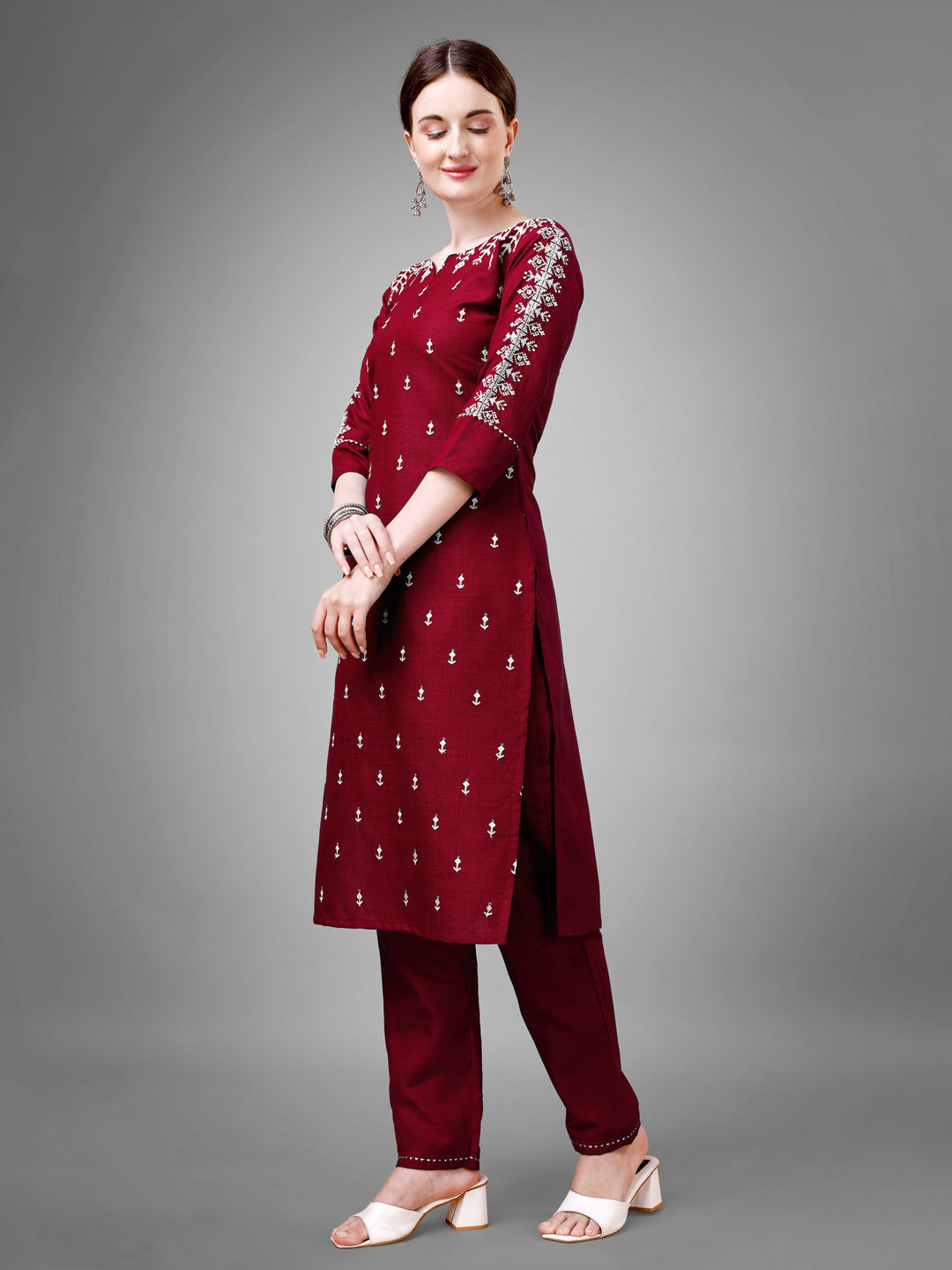 Embroidered Maroon Cotton Kurta Pant Sets For Women