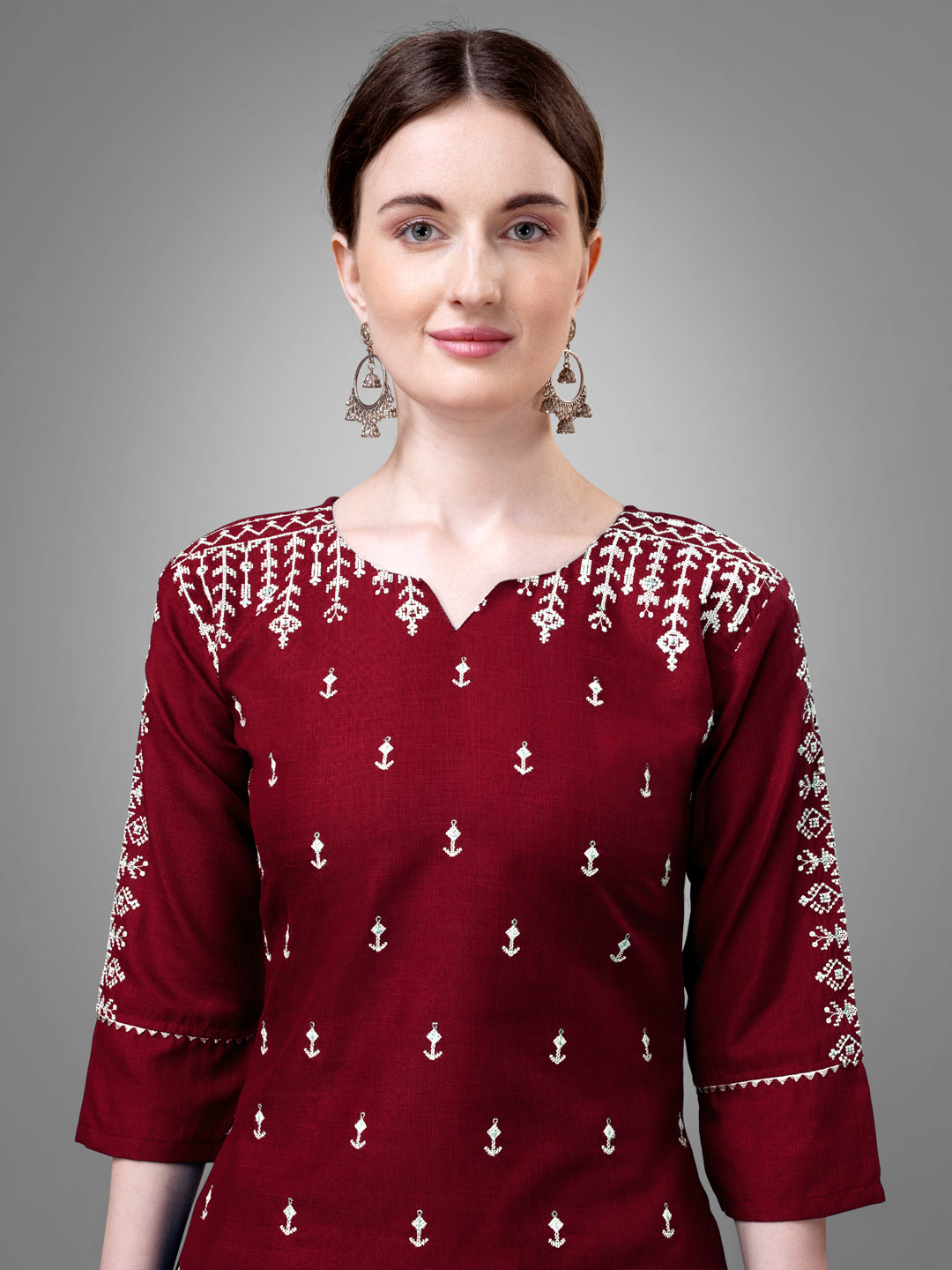 Embroidered Maroon Cotton Kurta Pant Sets For Women