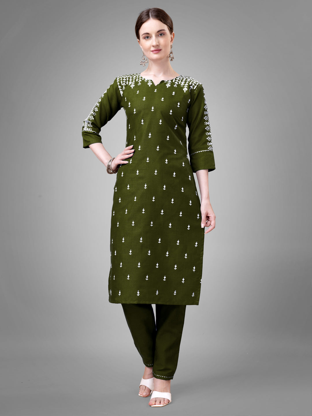 Embroidered Mehendi Green Cotton Kurti Pant Sets For Women