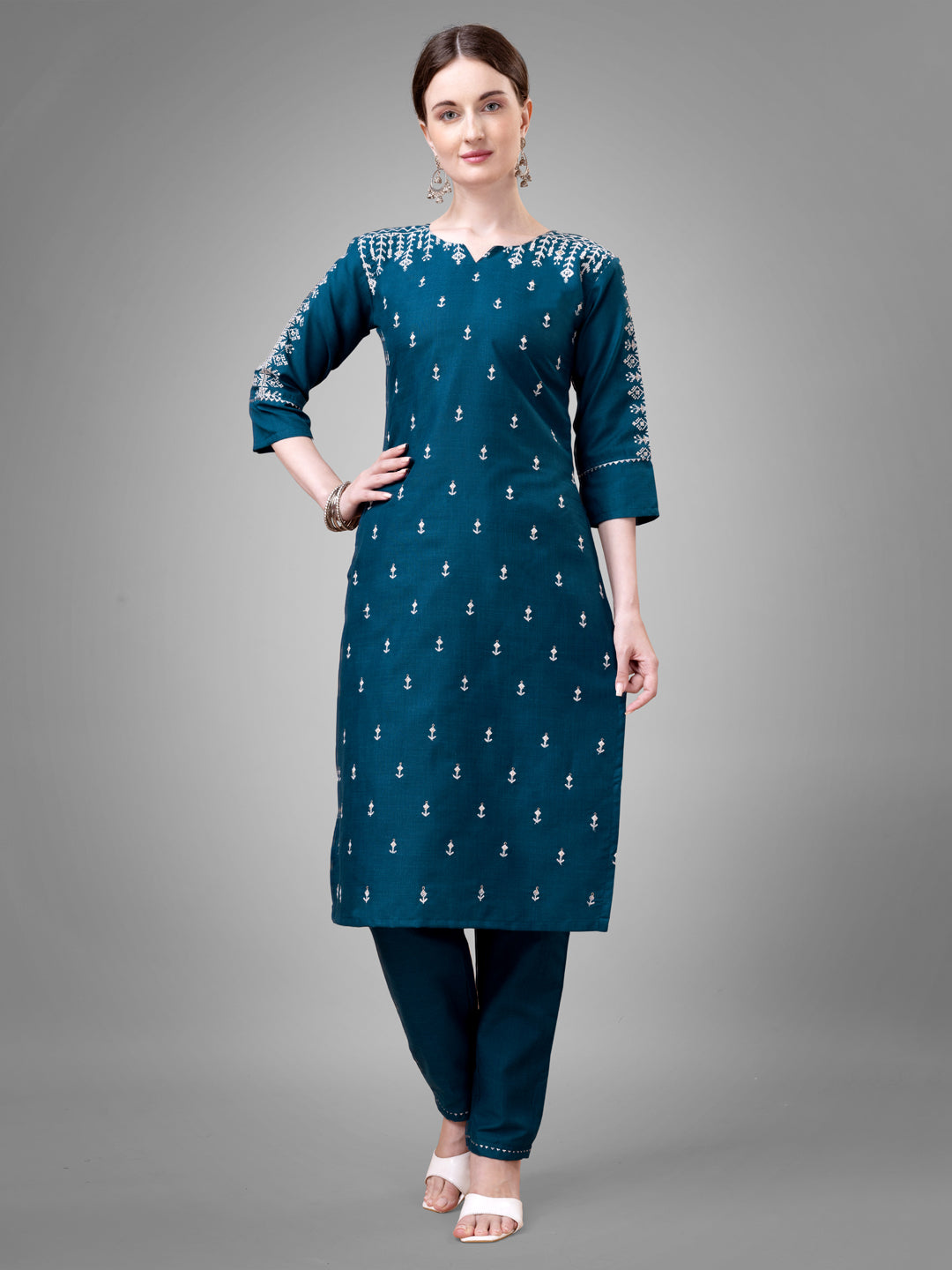 Embroidered Morpichh Blue Cotton Kurta Pant Sets For Women