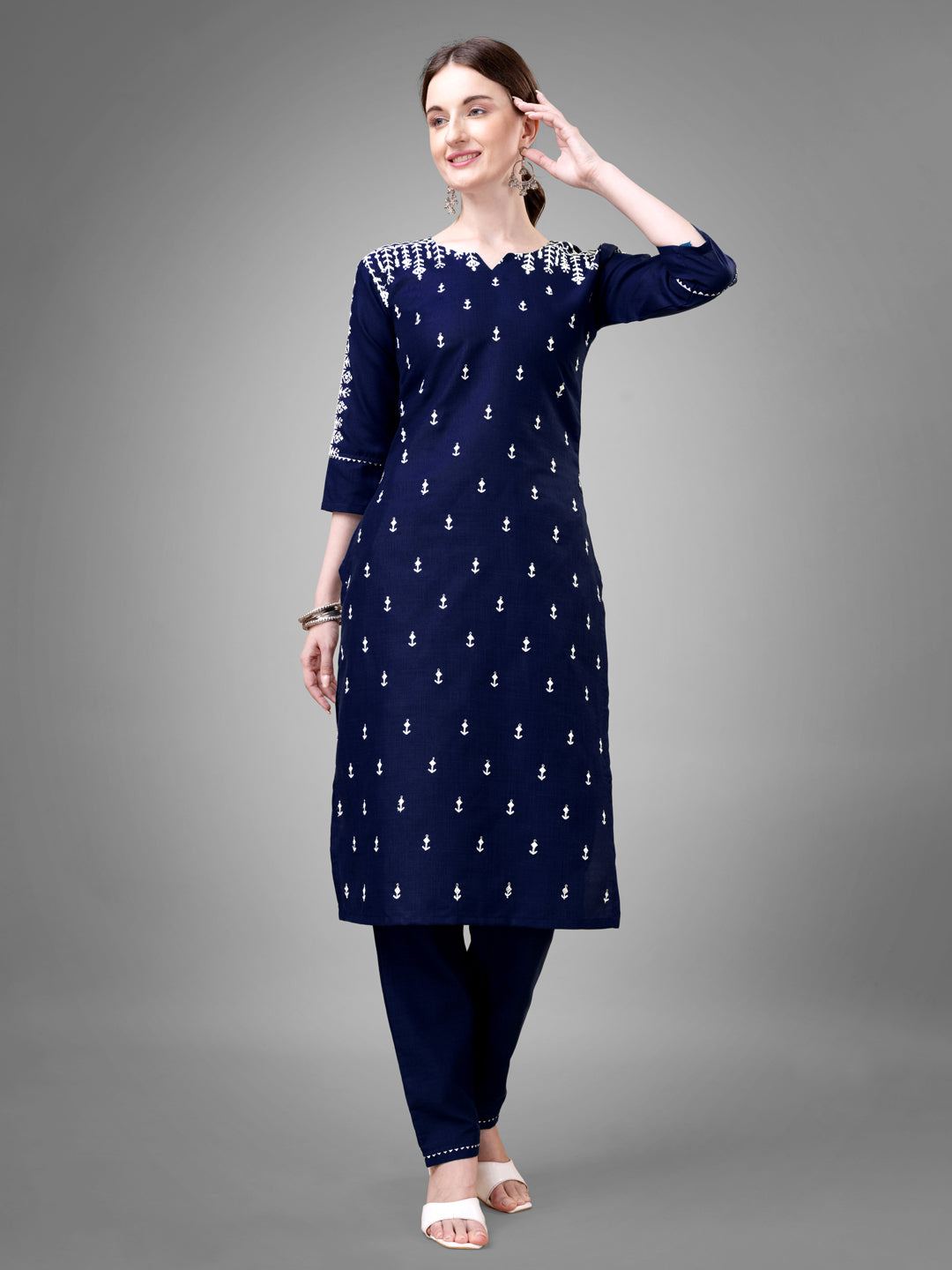 Embroidered Navy Blue Cotton Kurta Sets For Women