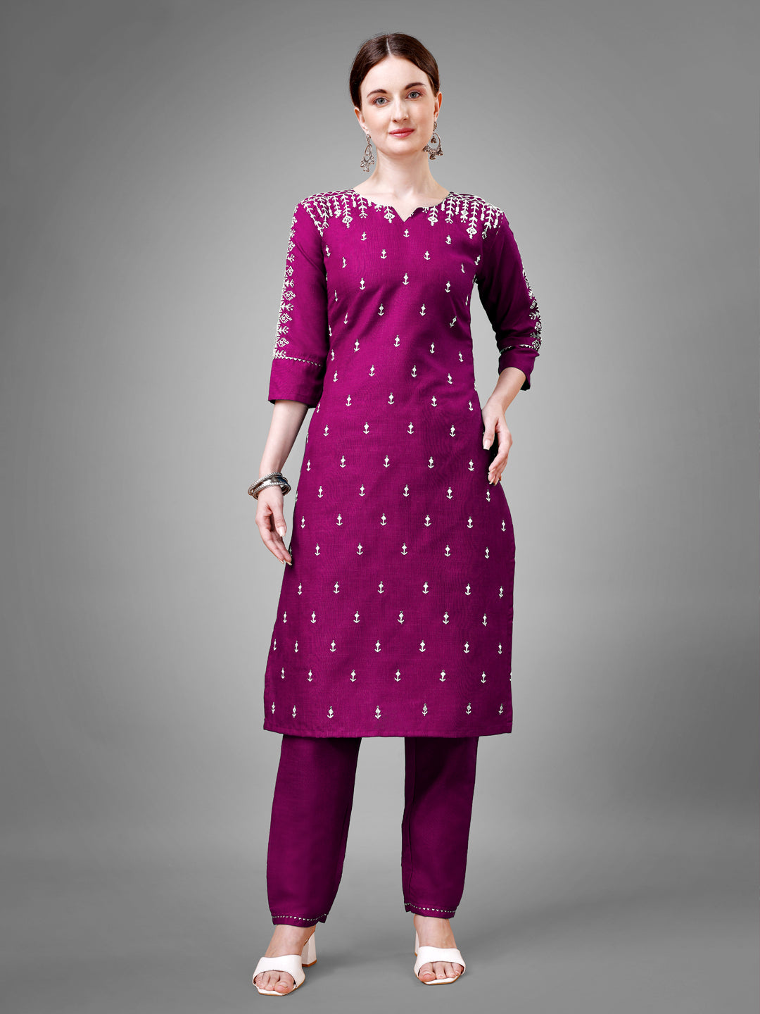 Embroidered Purple Cotton Kurti Pant Sets For Women