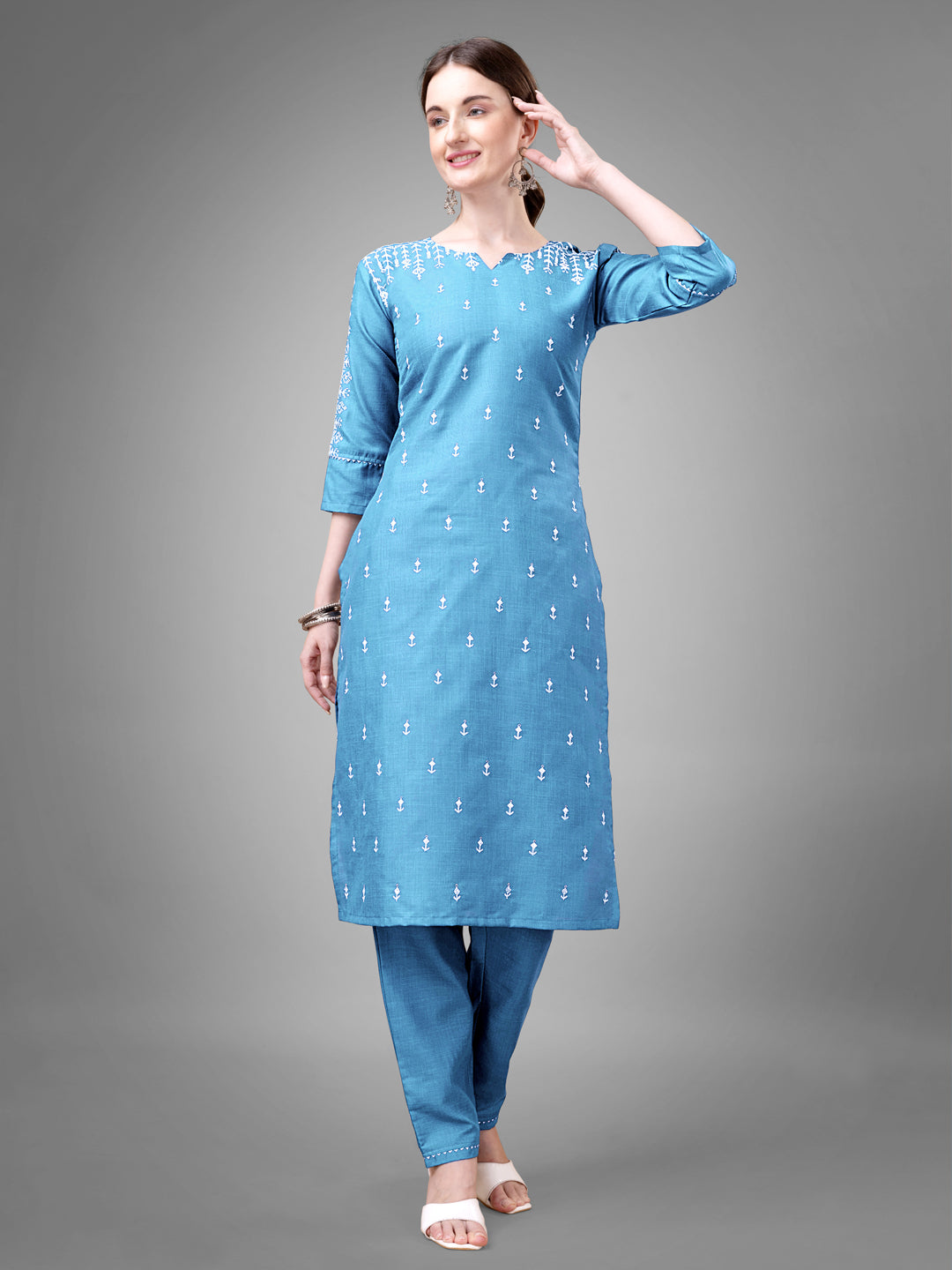 Embroidered Sky Blue Cotton Kurti Pant Sets For Women