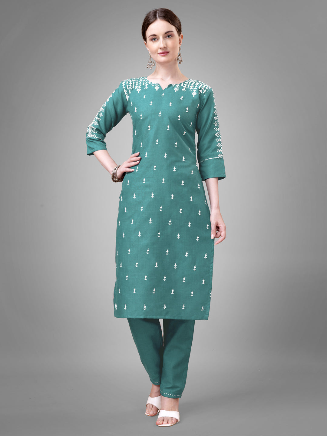 Embroidered Teal Cotton Kurta Sets For Women