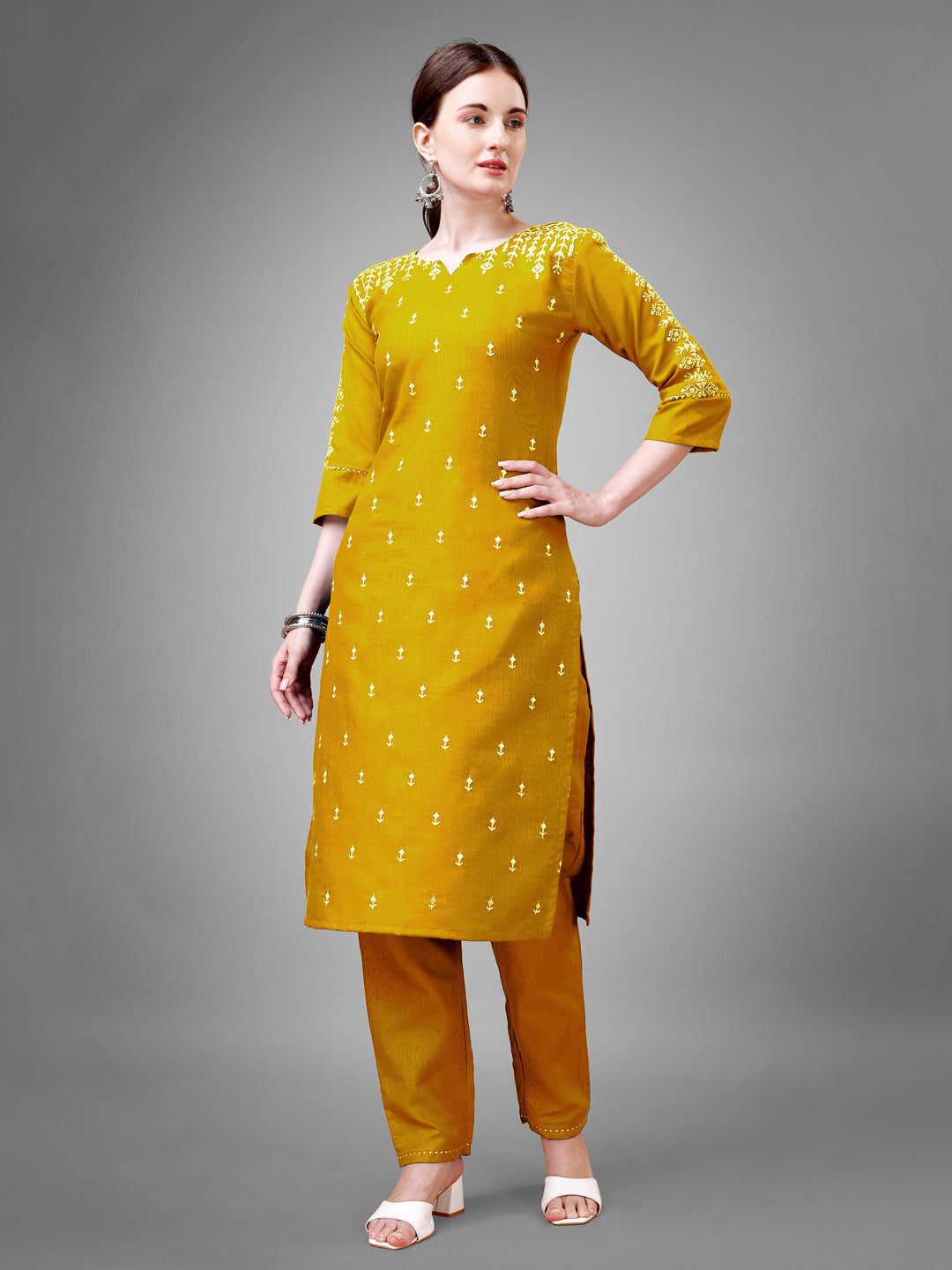 Embroidered Yellow Cotton Kurta Sets For Women