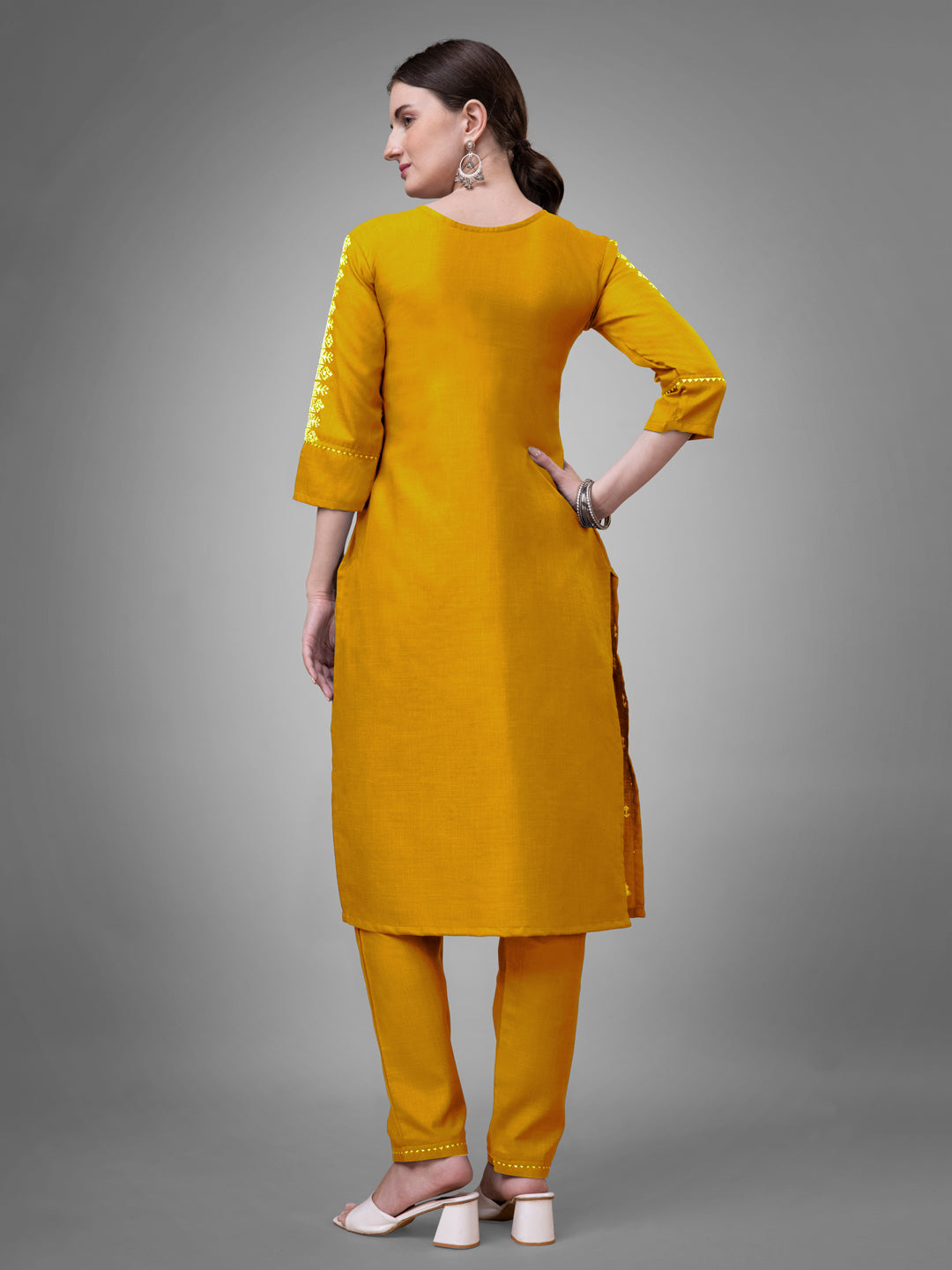 Embroidered Yellow Cotton Kurta Sets For Women