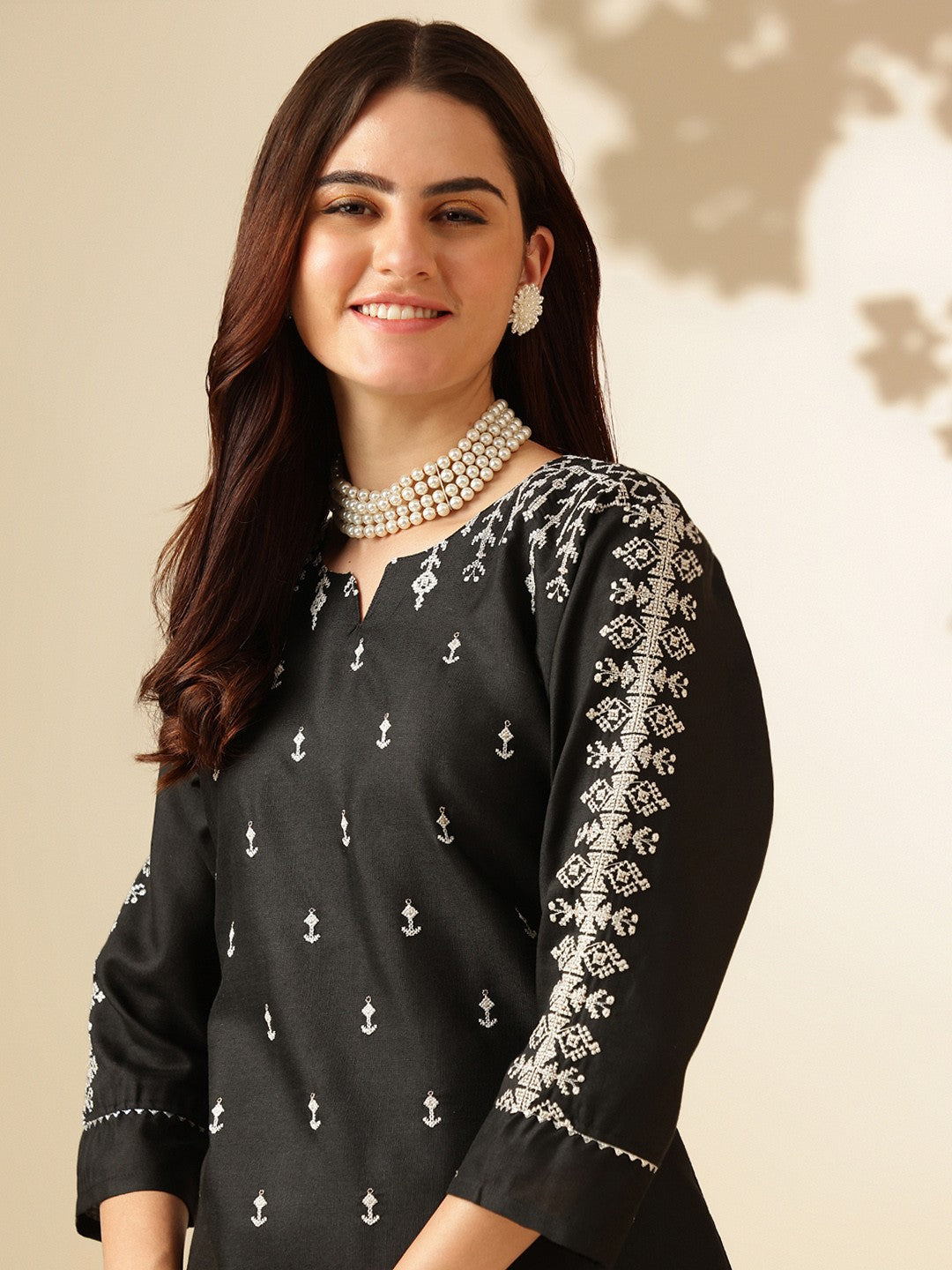 Embroidered Black Cotton Kurti Pant Set with Dupatta for Women