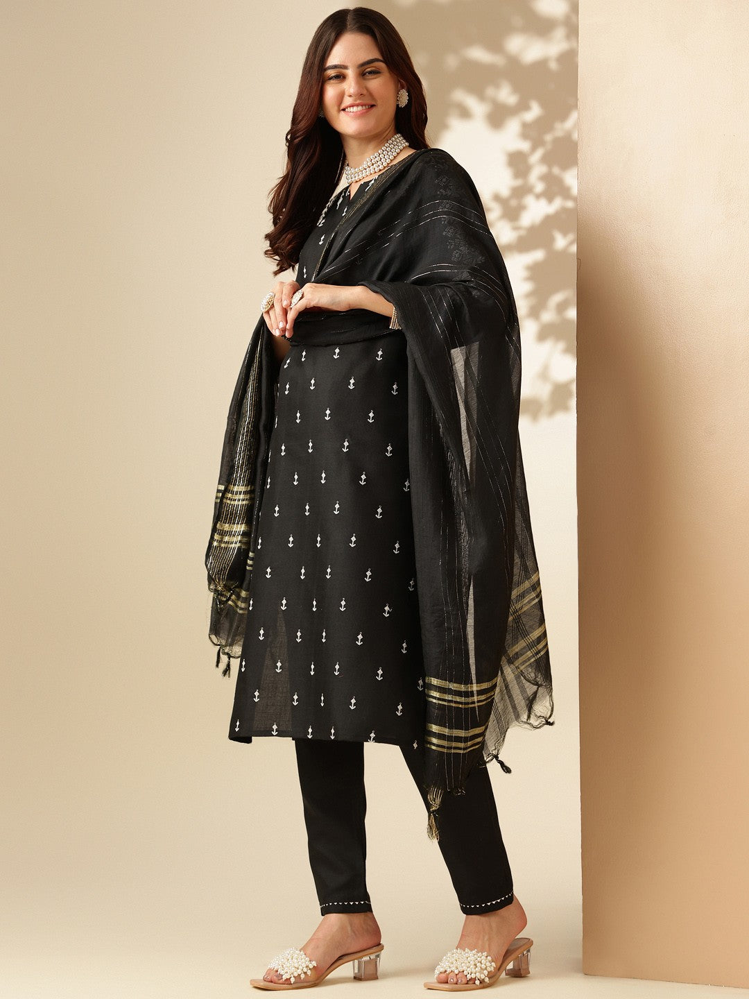 Embroidered Black Cotton Kurti Pant Set with Dupatta for Women