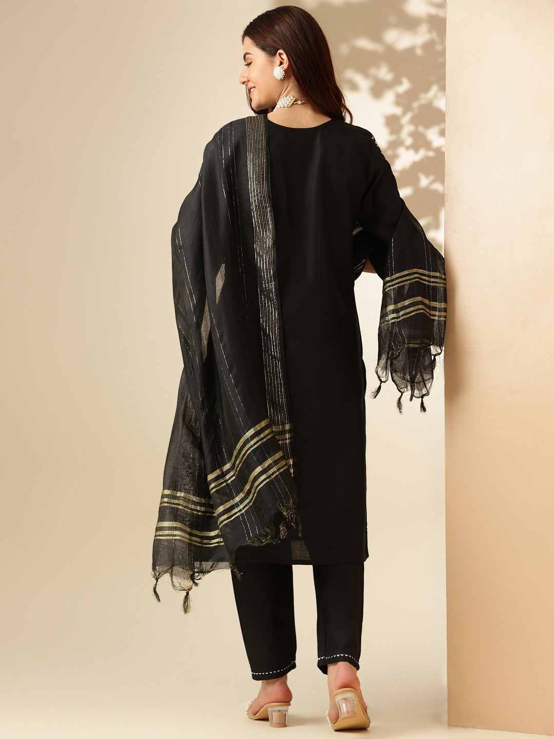 Embroidered Black Cotton Kurti Pant Set with Dupatta for Women