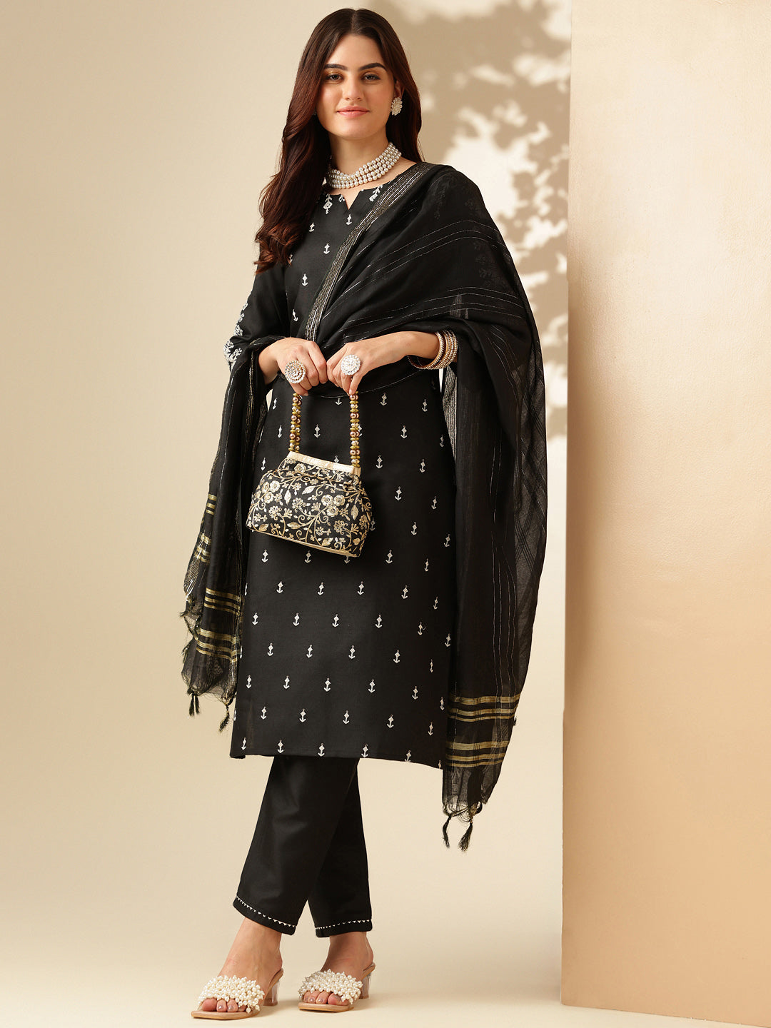 Embroidered Black Cotton Kurti Pant Set with Dupatta for Women