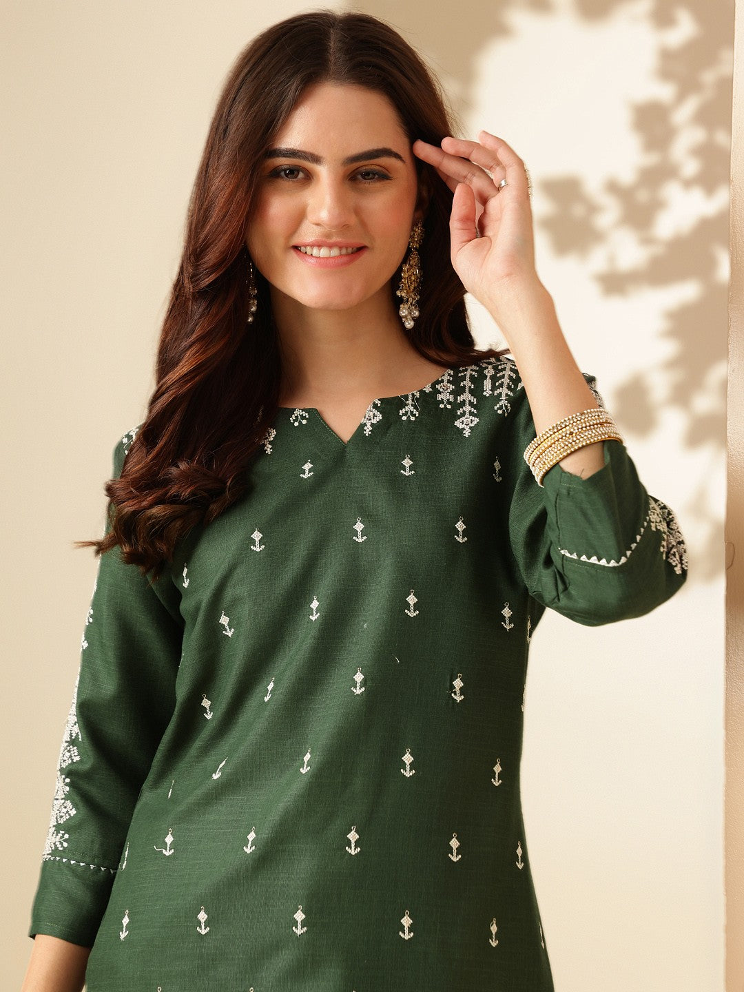 Embroidered Dark Green Cotton Kurti Pant Set with Dupatta for Women