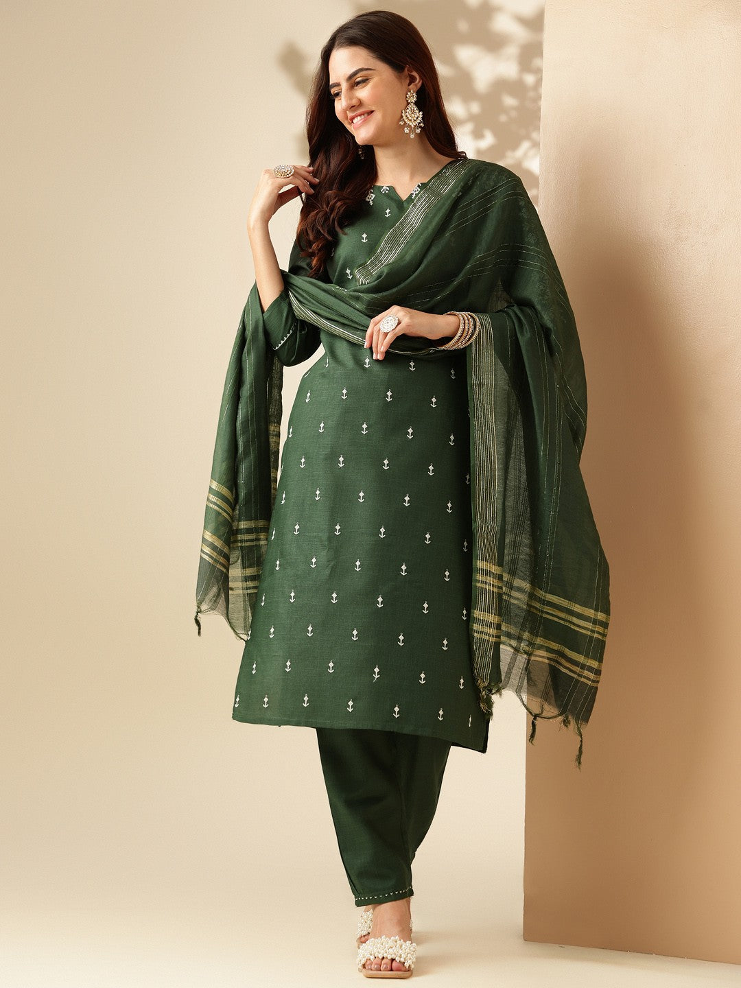 Embroidered Dark Green Cotton Kurti Pant Set with Dupatta for Women