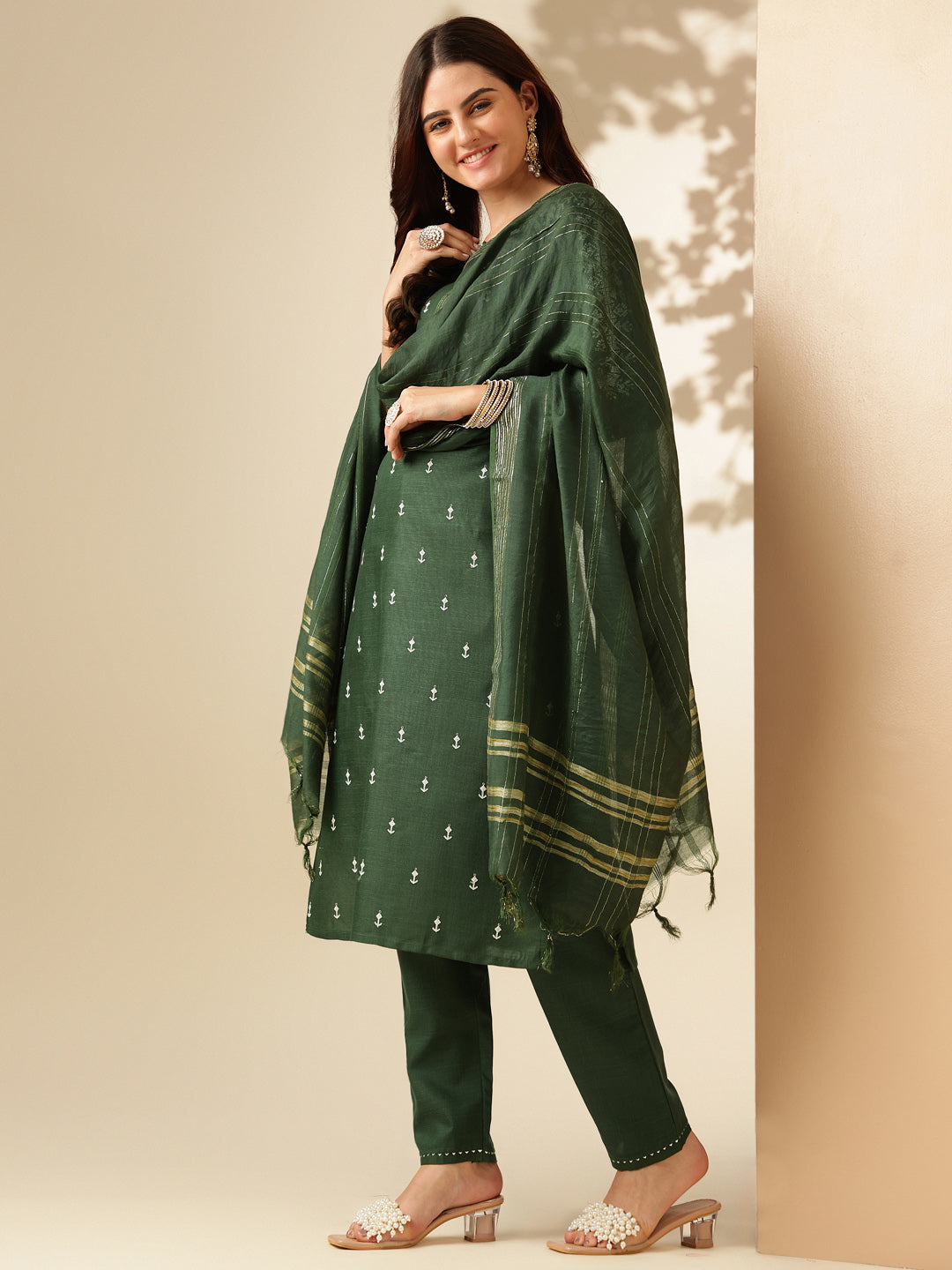 Embroidered Dark Green Cotton Kurti Pant Set with Dupatta for Women