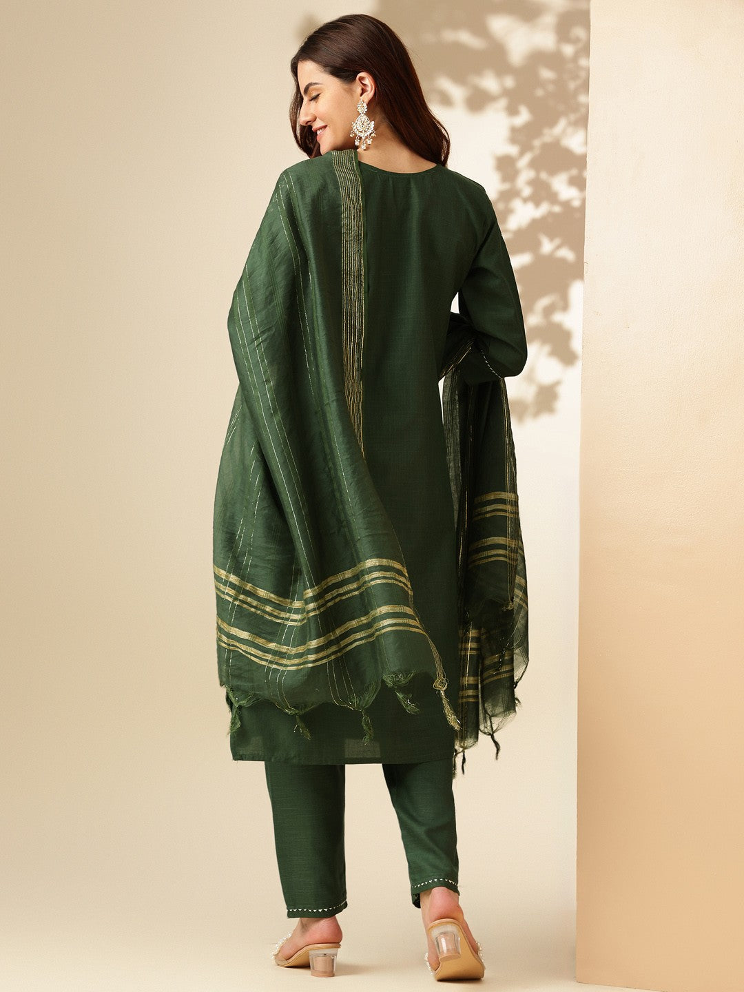 Embroidered Dark Green Cotton Kurti Pant Set with Dupatta for Women