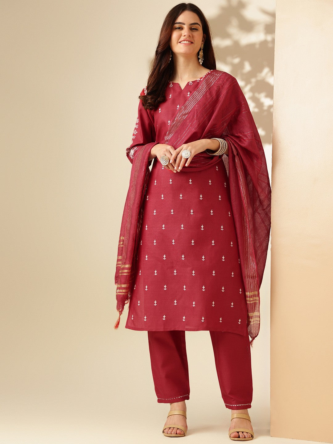 Embroidered Maroon Cotton Kurti Pant Set with Dupatta for Women