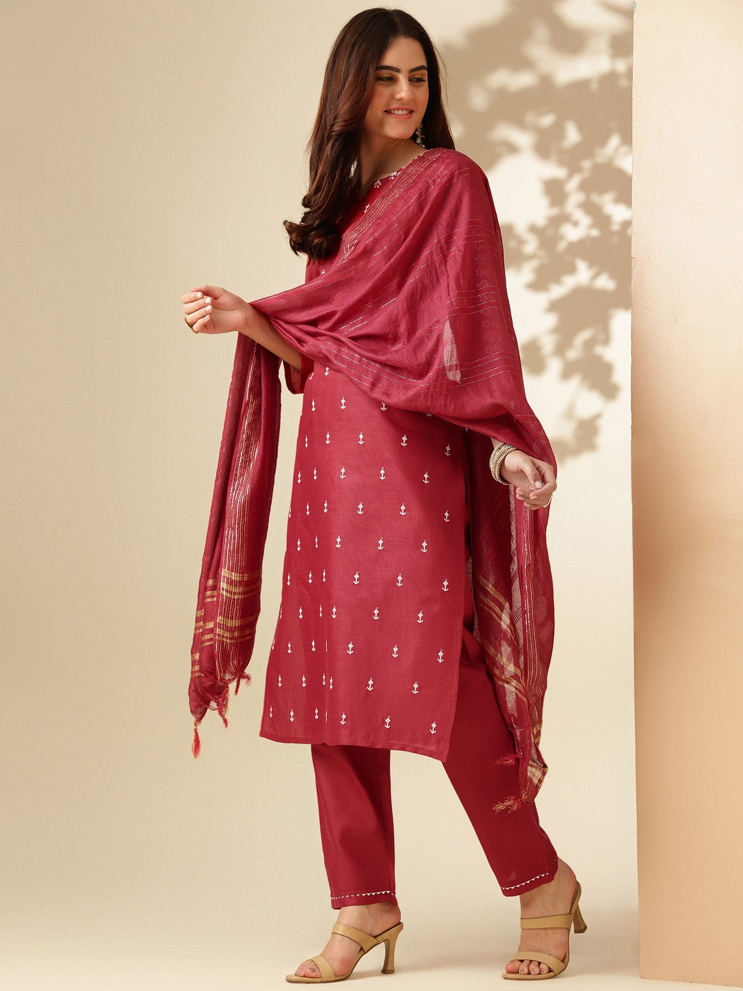 Embroidered Maroon Cotton Kurti Pant Set with Dupatta for Women